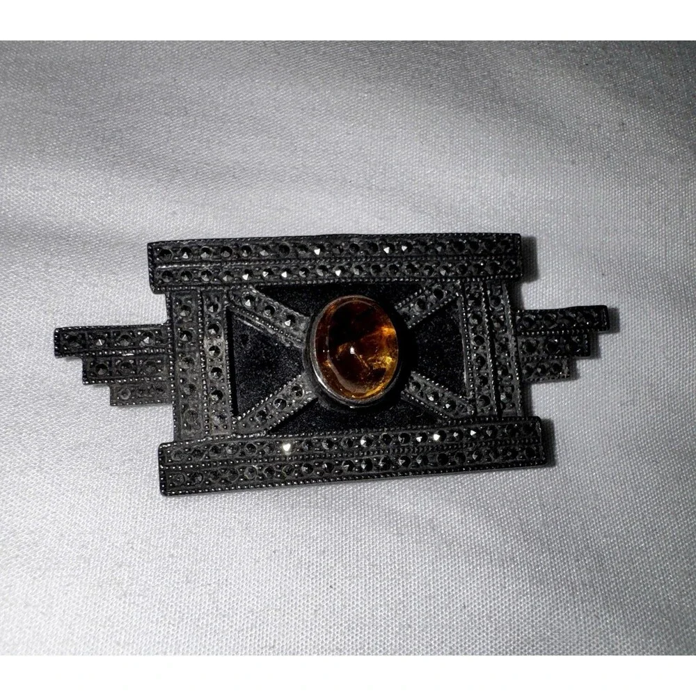 Vintage Art Deco Sterling Silver Marcasite Onyx Amber Cabochon Brooch Pin